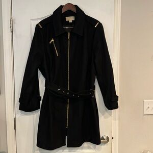 Women’s Michael Kor’s long coat. Black with gold zippers/hardware. 3X.